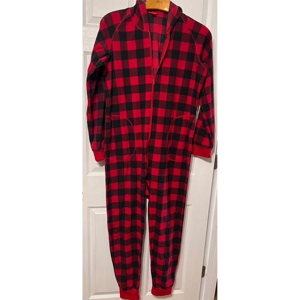 Family PJs Macys Mens M Buffalo‎ Plaid Fleece Hooded Union Suit One Piece Red
